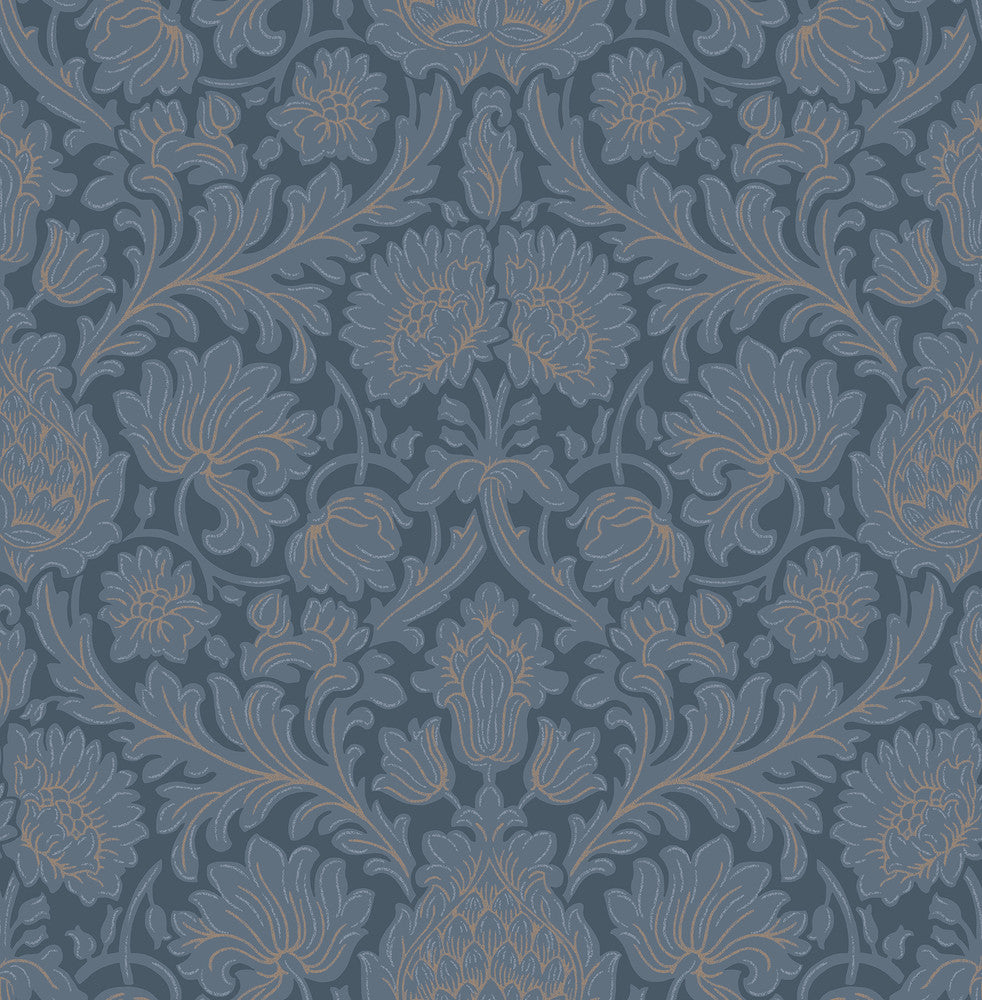 Bamburg Dark Blue Floral Wallpaper by Brewster Archive Collection Covers about 56.4 square feet 20.5-in by 33-ft long roll Unpasted 21 - Fabric Carolina -