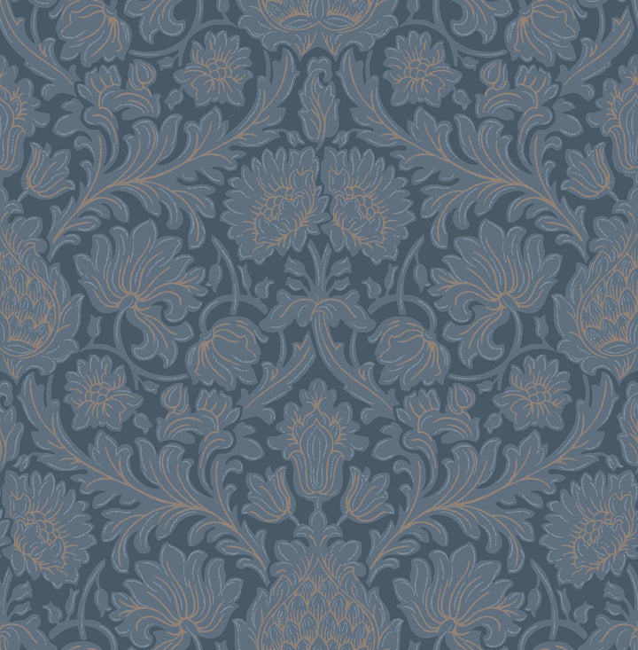 Bamburg Dark Blue Floral Wallpaper by Brewster Archive Collection Covers about 56.4 square feet 20.5-in by 33-ft long roll Unpasted 21 - Fabric Carolina -