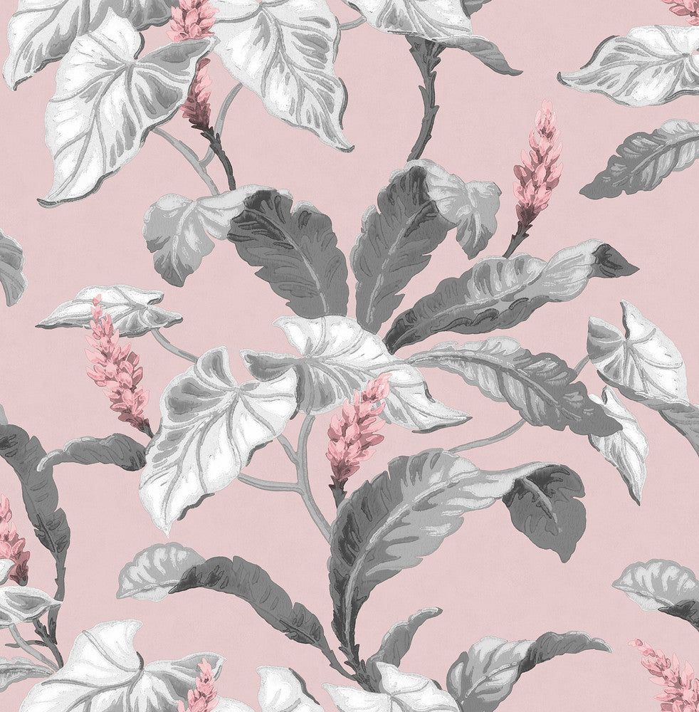 Meridian Parade Pink Tropical Leaves Wallpaper by Brewster Archive Collection Covers about 56.4 square feet 20.5-in by 33-ft long roll Unpasted 21 - Fabric Carolina -