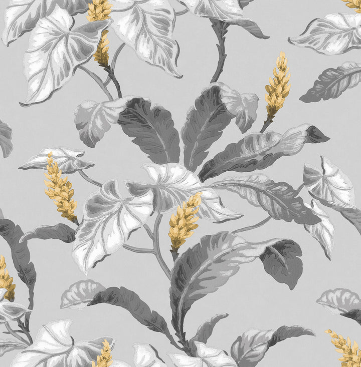 Meridian Parade Grey Tropical Leaves Wallpaper by Brewster Archive Collection Covers about 56.4 square feet 20.5-in by 33-ft long roll Unpasted 21 - Fabric Carolina -