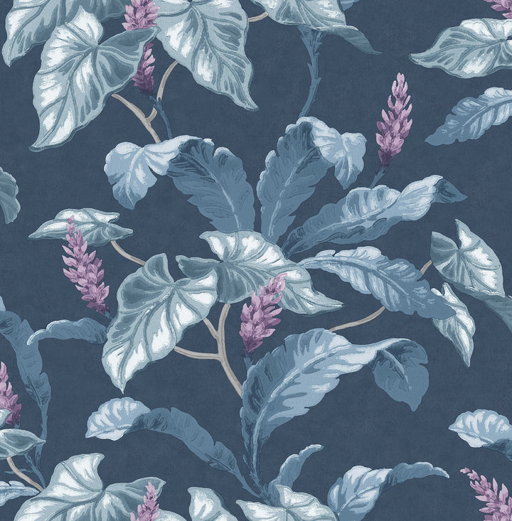 Meridian Parade Blue Tropical Leaves Wallpaper by Brewster Archive Collection Covers about 56.4 square feet 20.5-in by 33-ft long roll Unpasted 21 - Fabric Carolina -