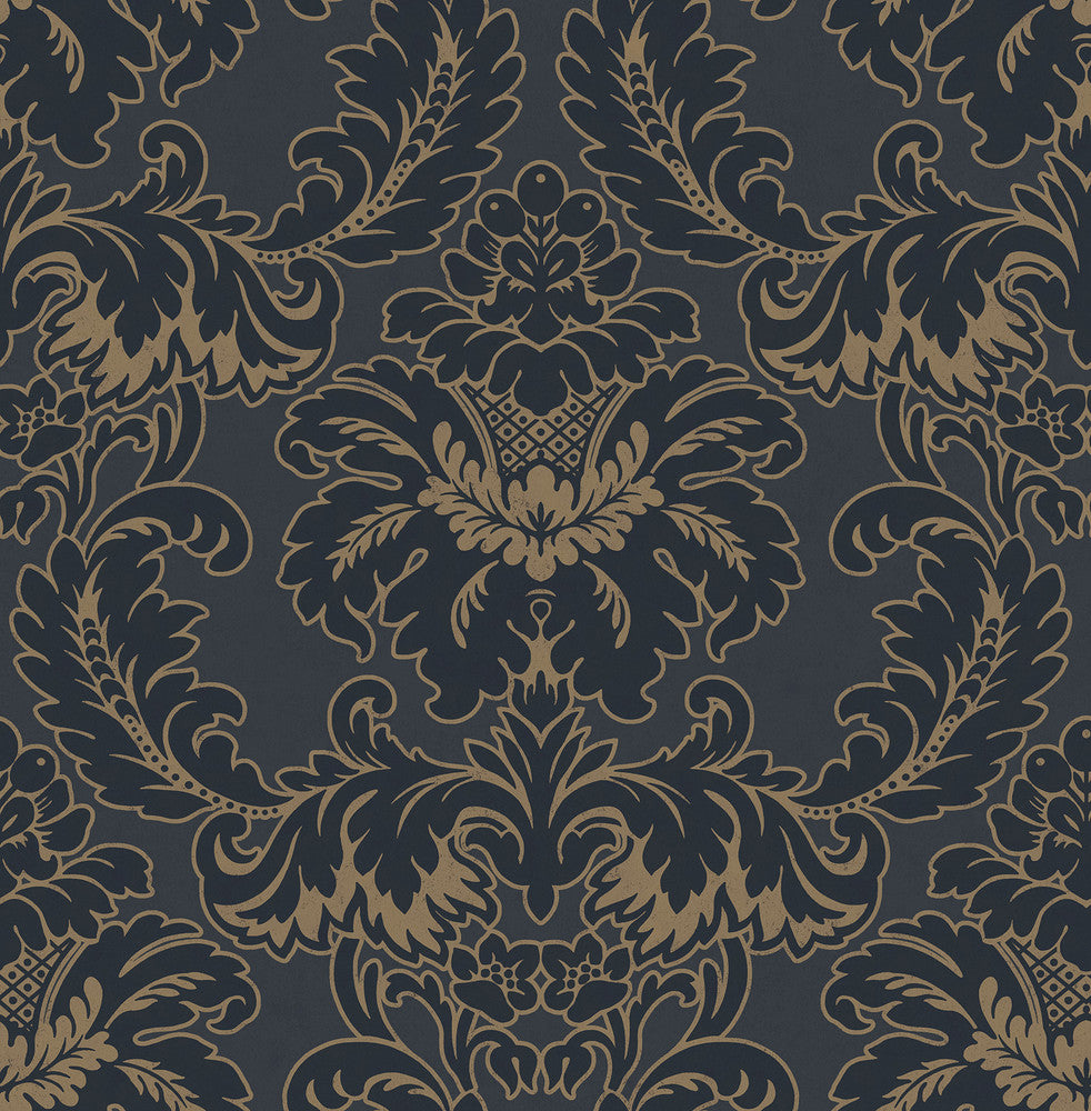 Windsor Blue Damask Wallpaper by Brewster Archive Collection Covers about 56.4 square feet 20.5-in by 33-ft long roll Unpasted 21 - Fabric Carolina -