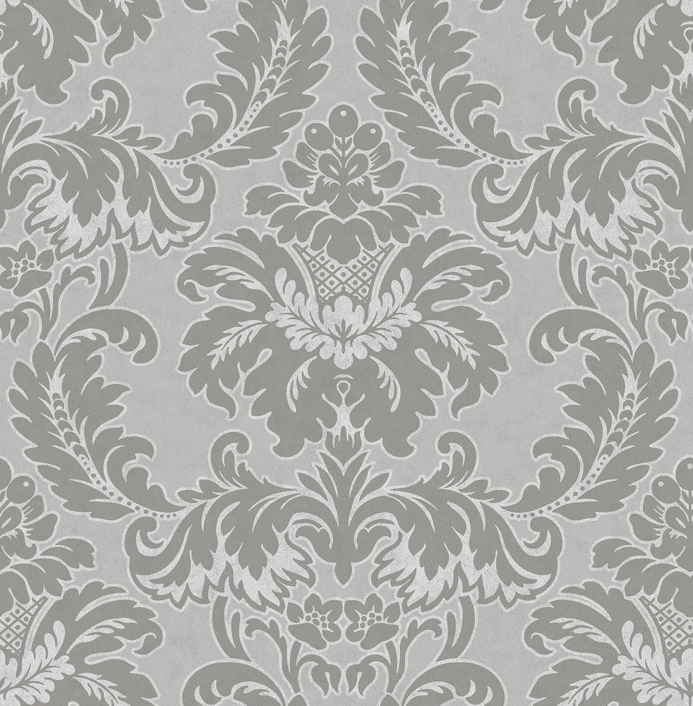 Windsor Grey Damask Wallpaper by Brewster Archive Collection Covers about 56.4 square feet 20.5-in by 33-ft long roll Unpasted 21 - Fabric Carolina -