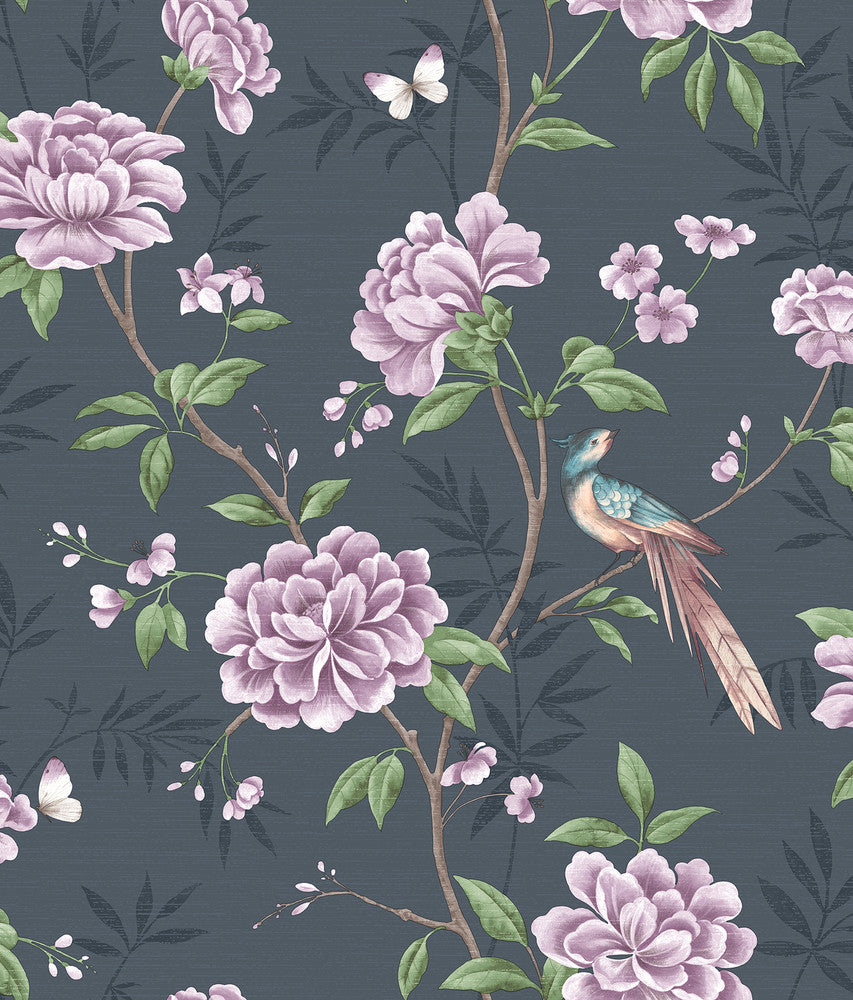 Akina Navy Floral Wallpaper by Fine Decor Medley Covers about 56.4 square feet Great Britain Unpasted 24-in repeat, drop match 20.5-in by 33-ft long roll - Fabric Carolina -