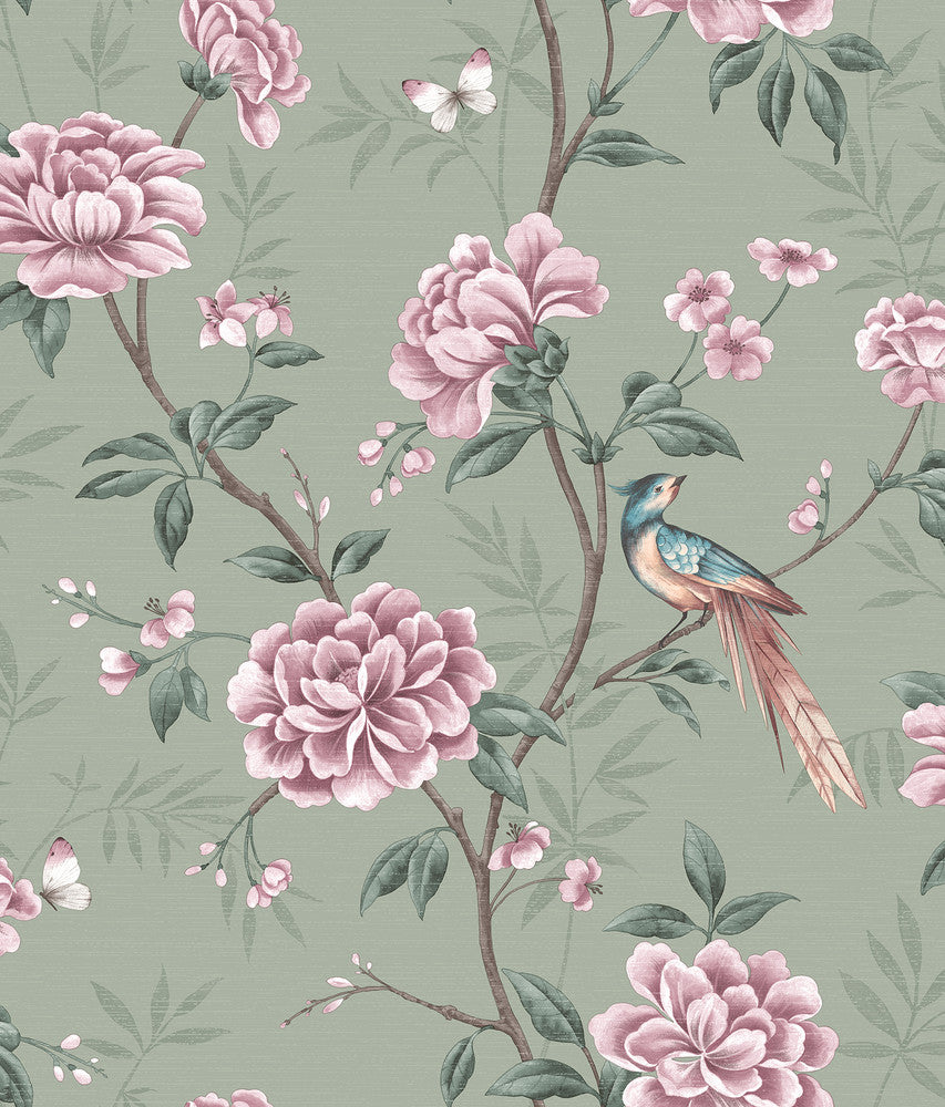 Akina Sage Floral Wallpaper by Fine Decor Medley Covers about 56.4 square feet Great Britain Unpasted 24-in repeat, drop match 20.5-in by 33-ft long roll - Fabric Carolina -