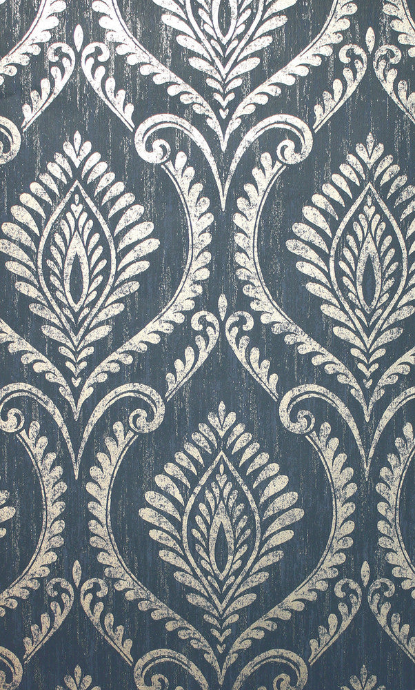 Estelle Navy Damask Wallpaper by Fine Decor Medley Covers about 56.4 square feet 20.5-in by 33-ft long roll Unpasted 25.2 - Fabric Carolina -