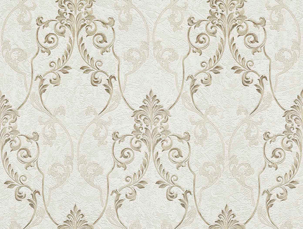 Damasco Samba White Scroll Damask Wallpaper by Brewster Via Della Seta Covers about 60.8 square feet 27-in by 27-ft long roll Unpasted 21 - Fabric Carolina -