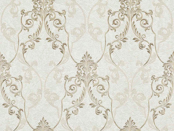 Damasco Samba White Scroll Damask Wallpaper by Brewster Via Della Seta Covers about 60.8 square feet 27-in by 27-ft long roll Unpasted 21 - Fabric Carolina -