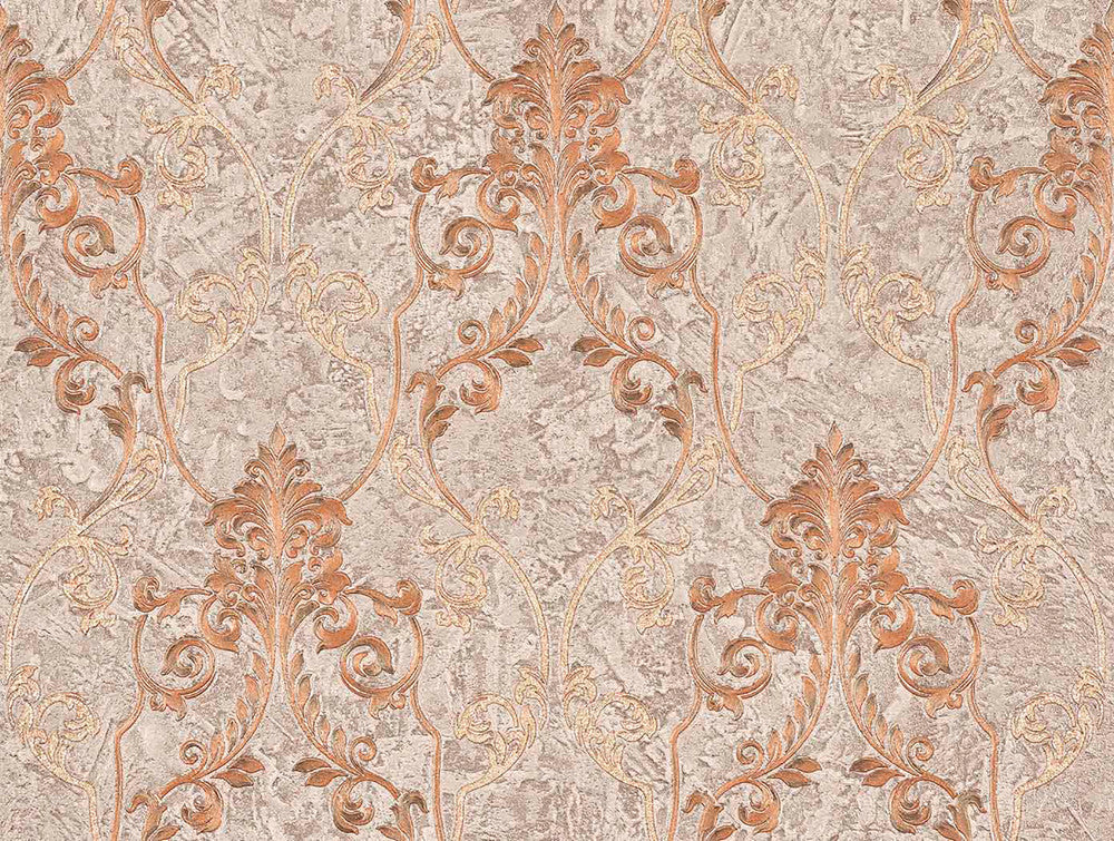 Damasco Samba Mauve Scroll Damask Wallpaper by Brewster Via Della Seta Covers about 60.8 square feet 27-in by 27-ft long roll Unpasted 21 - Fabric Carolina -