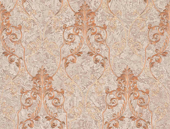 Damasco Samba Mauve Scroll Damask Wallpaper by Brewster Via Della Seta Covers about 60.8 square feet 27-in by 27-ft long roll Unpasted 21 - Fabric Carolina -