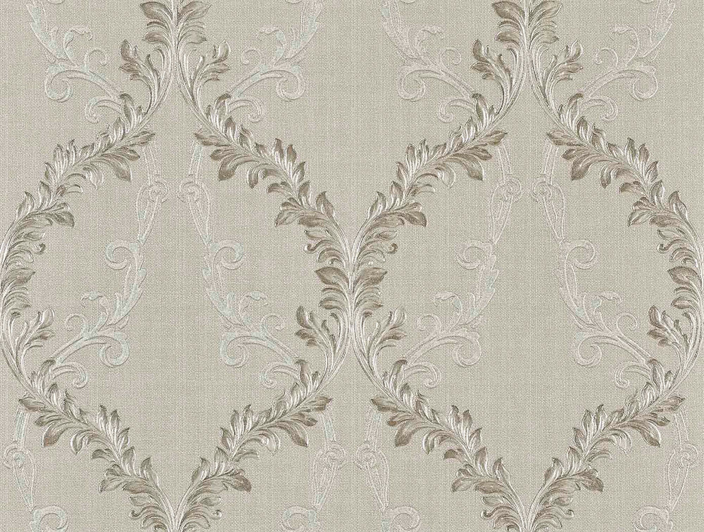 Dis Rumba Ivory Scroll Damask Wallpaper by Brewster Via Della Seta Covers about 60.8 square feet 27-in by 27-ft long roll Unpasted 21 - Fabric Carolina -