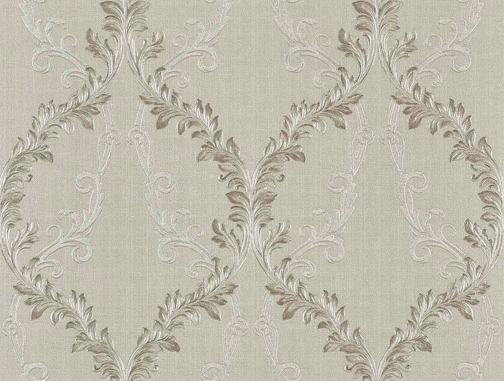 Dis Rumba Ivory Scroll Damask Wallpaper by Brewster Via Della Seta Covers about 60.8 square feet 27-in by 27-ft long roll Unpasted 21 - Fabric Carolina -