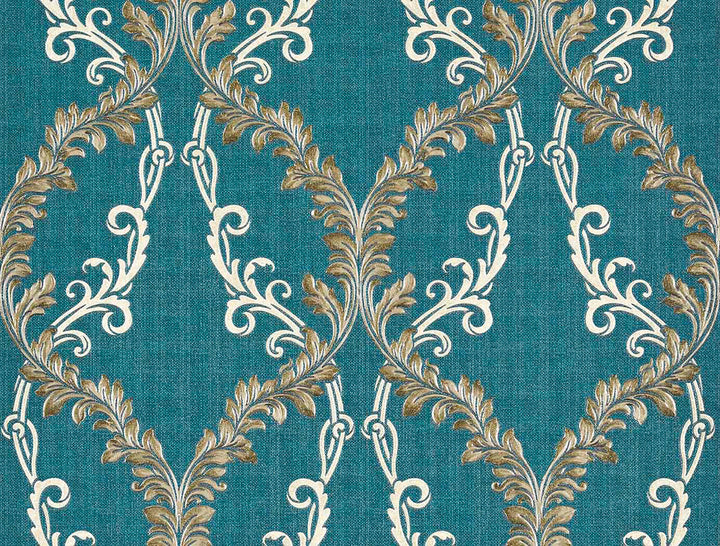 Dis Rumba Blue Scroll Damask Wallpaper by Brewster Via Della Seta Covers about 60.8 square feet 27-in by 27-ft long roll Unpasted 21 - Fabric Carolina -
