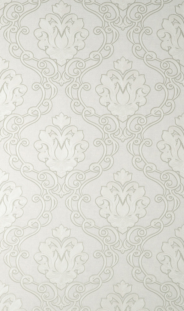 Florentine White Damask Wallpaper by Fine Decor Medley Covers about 57.5 square feet 20.9-in by 33-ft long roll Unpasted 25.2 - Fabric Carolina -