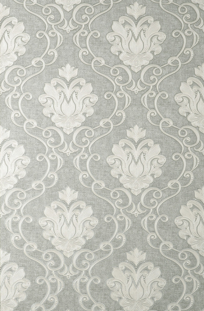 Florentine Grey Damask Wallpaper by Fine Decor Medley Covers about 57.5 square feet 20.9-in by 33-ft long roll Unpasted 25.2 - Fabric Carolina -