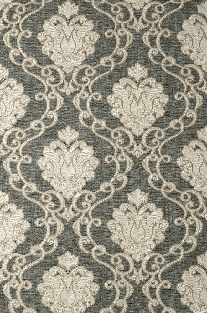 Florentine Charcoal Damask Wallpaper by Fine Decor Medley Covers about 57.5 square feet 20.9-in by 33-ft long roll Unpasted 25.2 - Fabric Carolina -