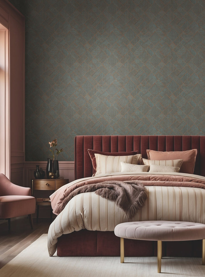 Marquetry Teal Tile Wallpaper by Antonina Vella Designer