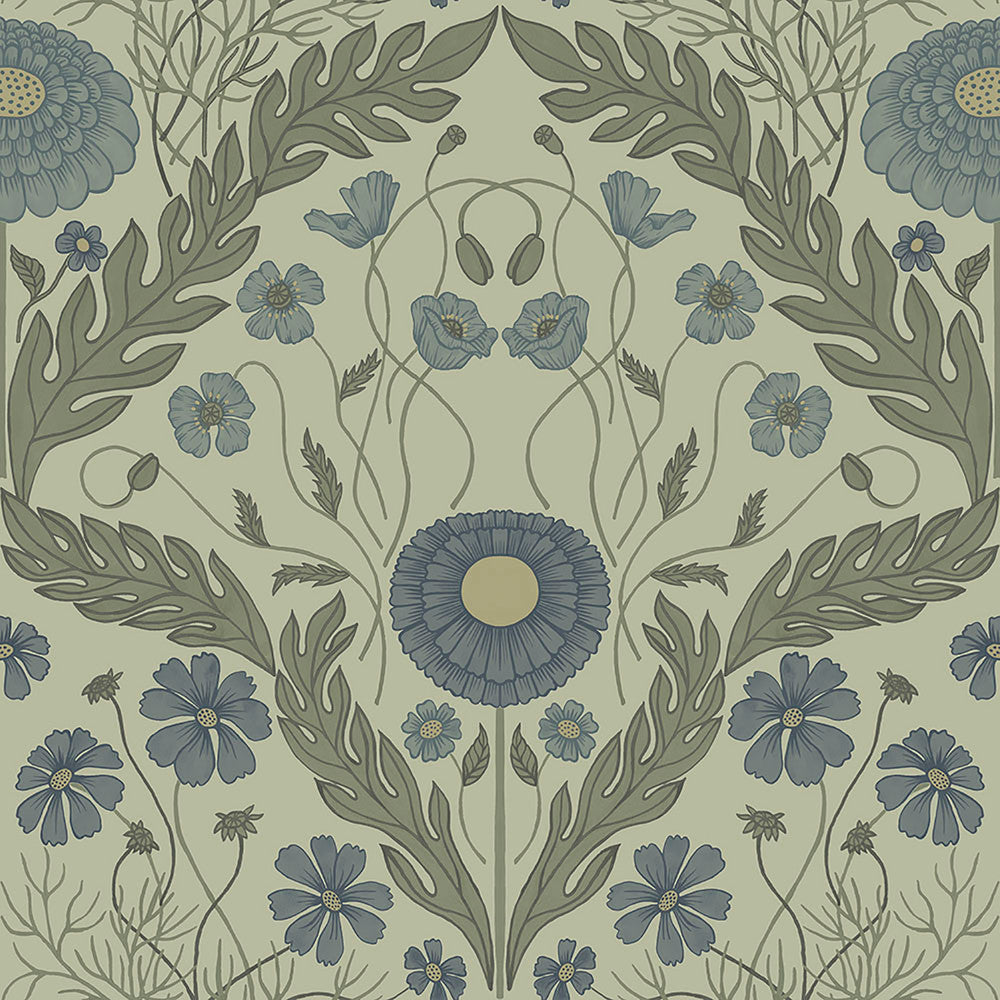 Marguerite Green Damask Wallpaper by Midbec Midbec Covers about 56.4 square feet Sweden Unpasted 20.5-in repeat, straight match 20.5-in by 33-ft long roll - Fabric Carolina -