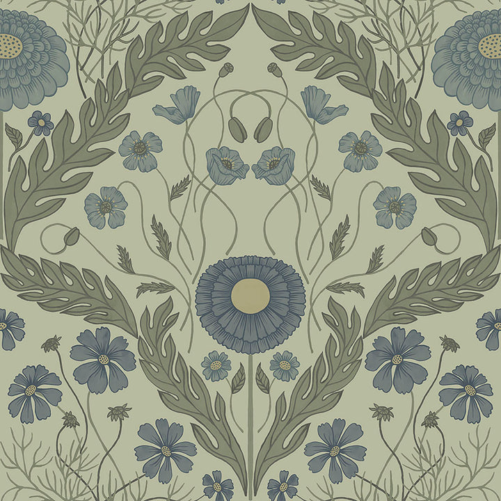 Marguerite Green Damask Wallpaper by Midbec Midbec Covers about 56.4 square feet Sweden Unpasted 20.5-in repeat, straight match 20.5-in by 33-ft long roll - Fabric Carolina -