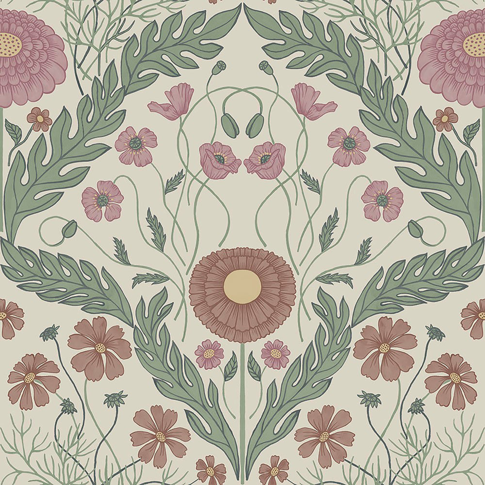 Marguerite Multicolor Damask Wallpaper by Midbec Midbec Covers about 56.4 square feet Sweden Unpasted 20.5-in repeat, straight match 20.5-in by 33-ft long roll - Fabric Carolina -