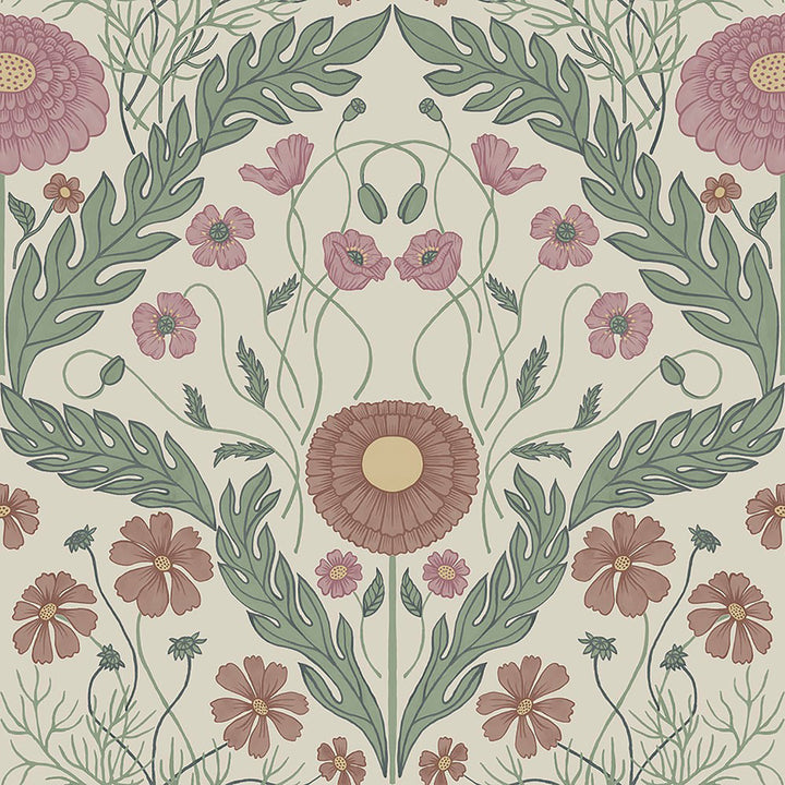 Marguerite Multicolor Damask Wallpaper by Midbec Midbec Covers about 56.4 square feet Sweden Unpasted 20.5-in repeat, straight match 20.5-in by 33-ft long roll - Fabric Carolina -