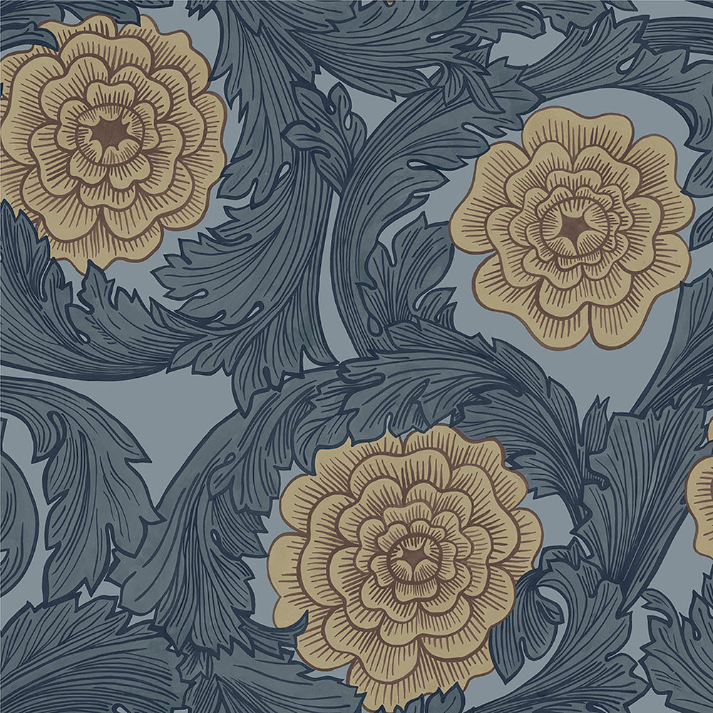 Rosa Blue Ornamental Florals Wallpaper by Midbec Midbec Covers about 56.4 square feet Sweden Unpasted 20.5-in repeat, drop match 20.5-in by 33-ft long roll - Fabric Carolina -