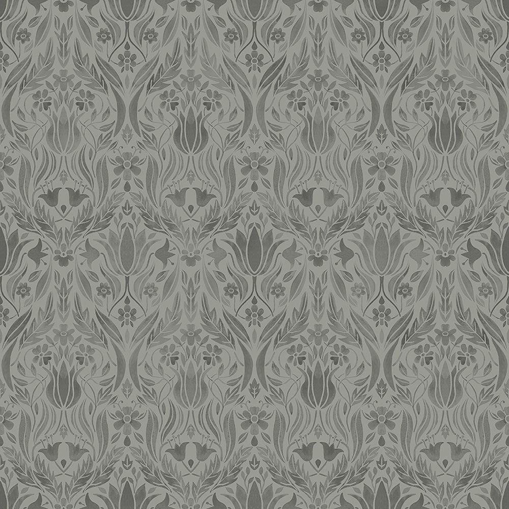 Ludvig Dark Grey Floral Ogee Wallpaper by Midbec Midbec Covers about 56.4 square feet Sweden Unpasted 20.5-in repeat, straight match 20.5-in by 33-ft long roll - Fabric Carolina -