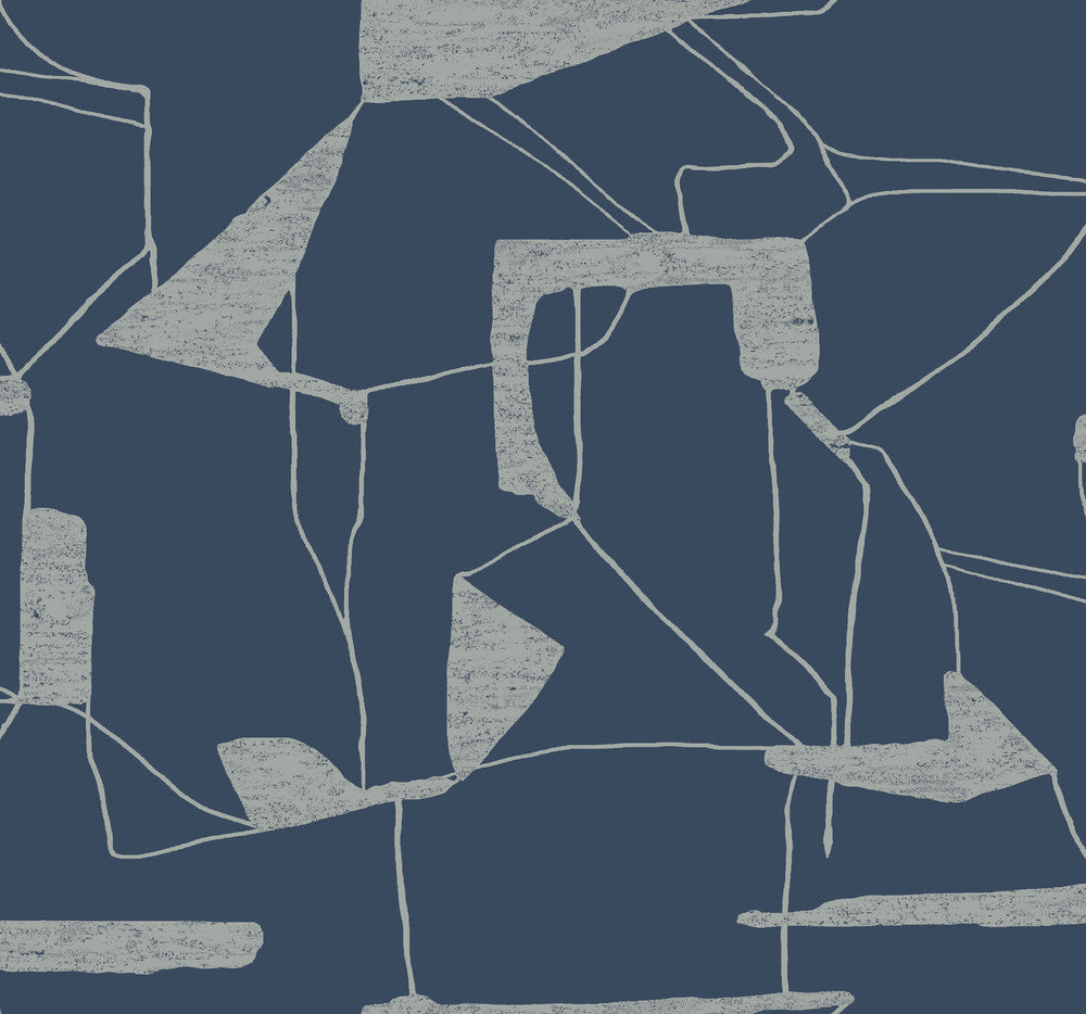 Abstract Geo Navy & Silver Wallpaper by Antonina Vella Antonina Vella Modern Metals Second Edition Covers about 60.5 square feet 27-in by 26.9-ft long roll Unpasted 25.2 - Fabric Carolina -