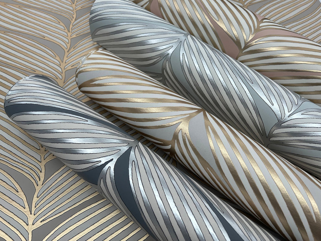 Luminous Leaves Grey & Gold Wallpaper by Antonina Vella Designer