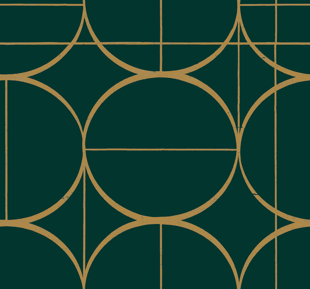 Sun Circles Emerald & Gold Wallpaper by Antonina Vella Antonina Vella Modern Metals Second Edition Covers about 60.5 square feet 27-in by 26.9-ft long roll Unpasted 25.2 - Fabric Carolina -