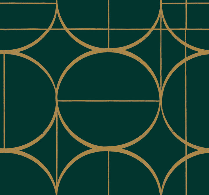 Sun Circles Emerald & Gold Wallpaper by Antonina Vella Antonina Vella Modern Metals Second Edition Covers about 60.5 square feet 27-in by 26.9-ft long roll Unpasted 25.2 - Fabric Carolina -