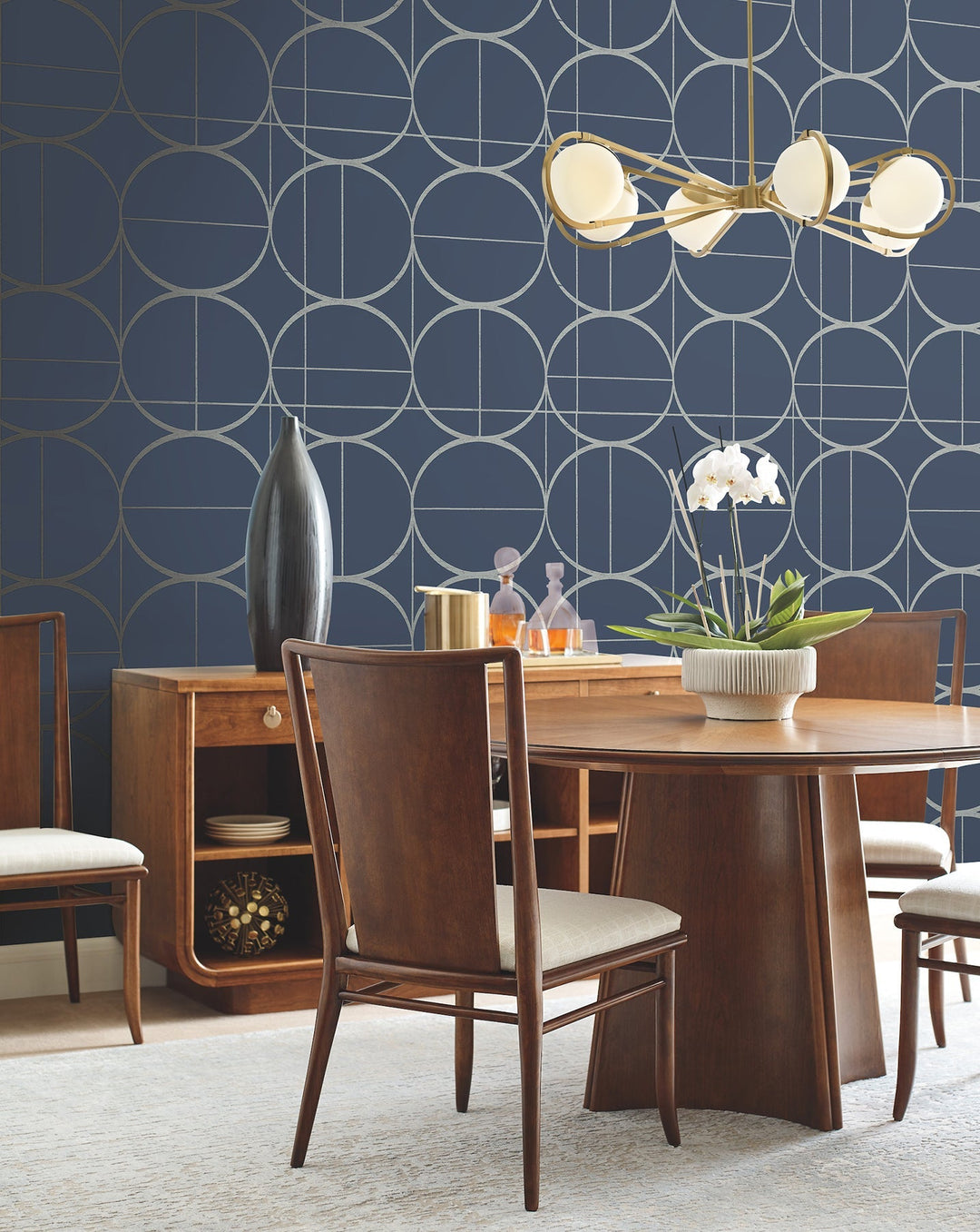 Sun Circles Blue & Silver Wallpaper by Antonina Vella Designer