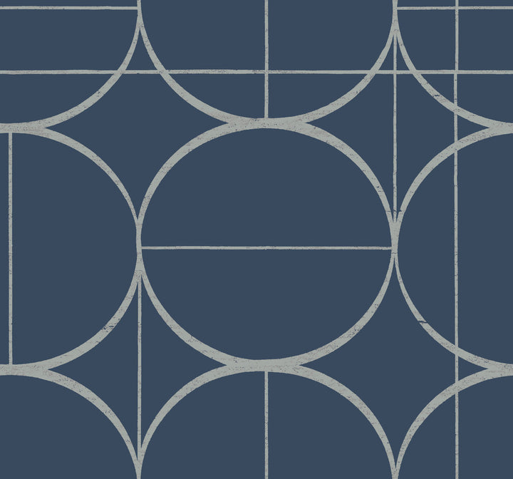 Sun Circles Blue & Silver Wallpaper by Antonina Vella Antonina Vella Modern Metals Second Edition Covers about 60.5 square feet 27-in by 26.9-ft long roll Unpasted 25.2 - Fabric Carolina -