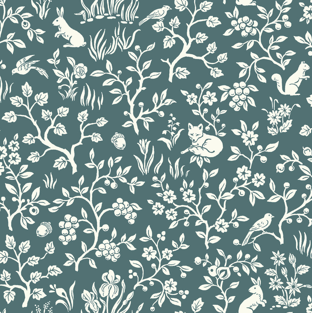 Weekends Fox & Hare Teal Wallpaper by Magnolia Home Magnolia Home Vol. II Covers about 56.4 square feet 20.5-in by 33-ft long roll Prepasted 20.5 - Fabric Carolina -