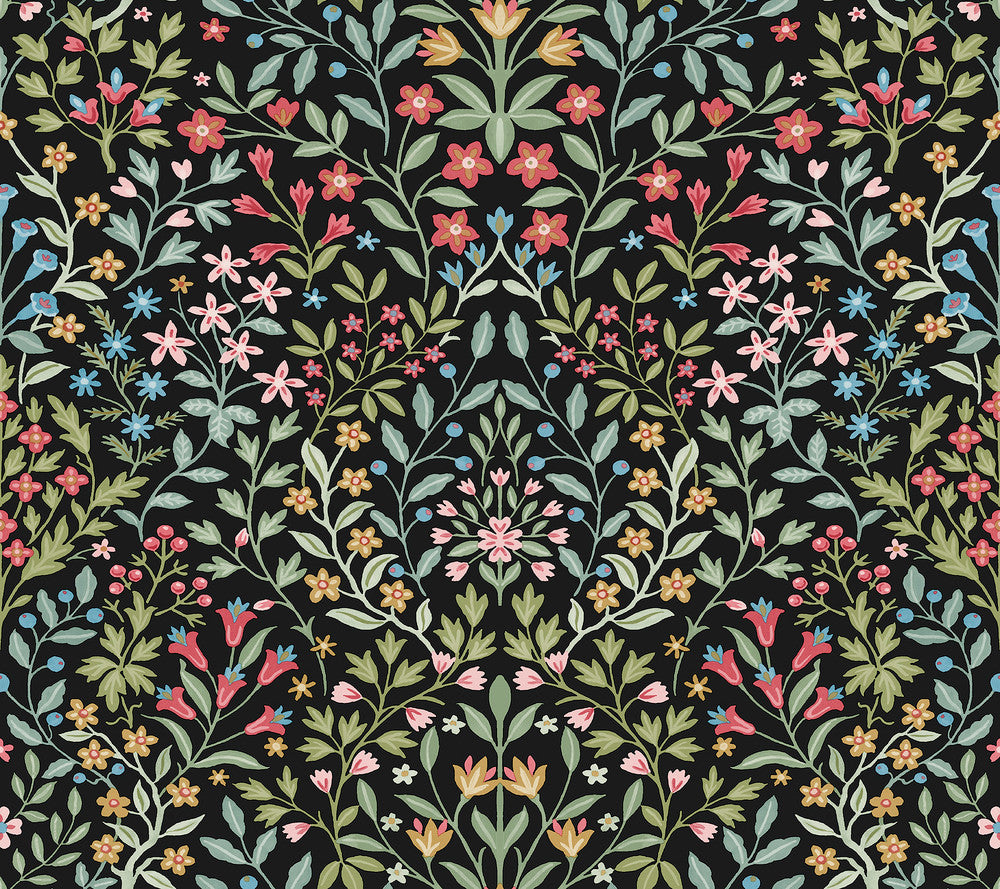 Garden Black & Multicolor Terrace Wallpaper by Magnolia Home Magnolia Home 4 Covers about 60.8 square feet 27-in by 27-ft long roll Prepasted 24 - Fabric Carolina -
