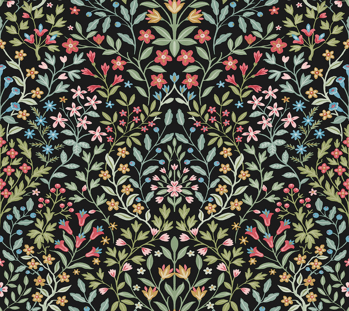 Garden Black & Multicolor Terrace Wallpaper by Magnolia Home Magnolia Home 4 Covers about 60.8 square feet 27-in by 27-ft long roll Prepasted 24 - Fabric Carolina -