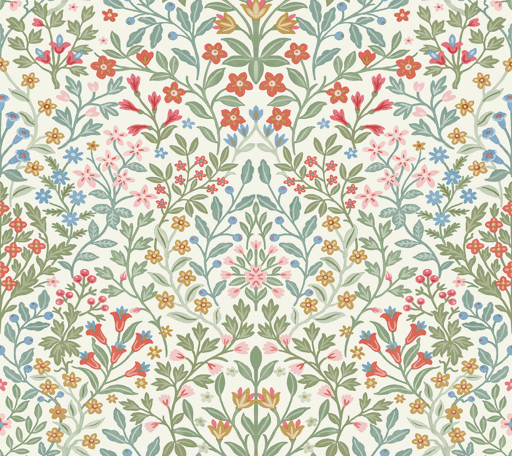 Garden White & Multicolor Terrace Wallpaper by Magnolia Home Magnolia Home 4 Covers about 60.8 square feet 27-in by 27-ft long roll Prepasted 24 - Fabric Carolina -
