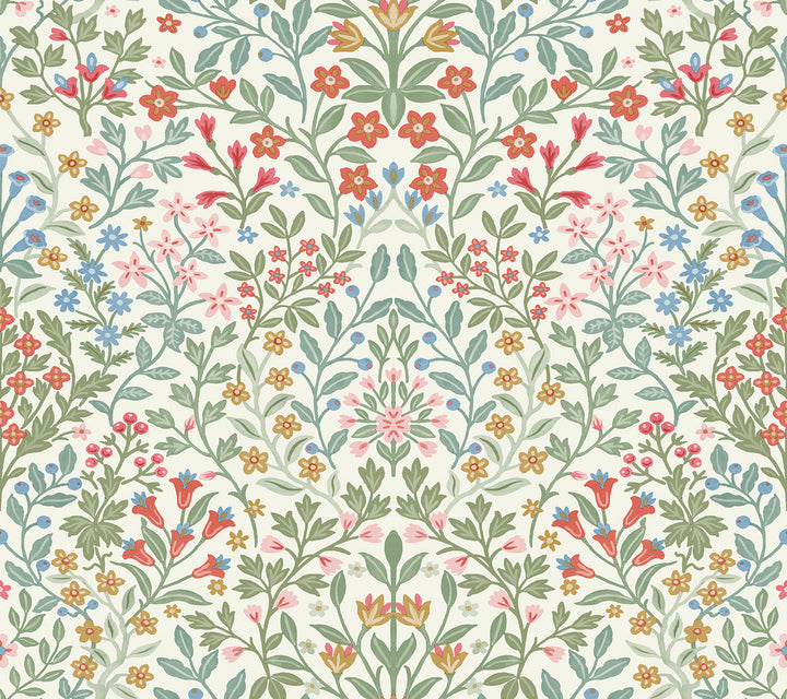 Garden White & Multicolor Terrace Wallpaper by Magnolia Home Magnolia Home 4 Covers about 60.8 square feet 27-in by 27-ft long roll Prepasted 24 - Fabric Carolina -