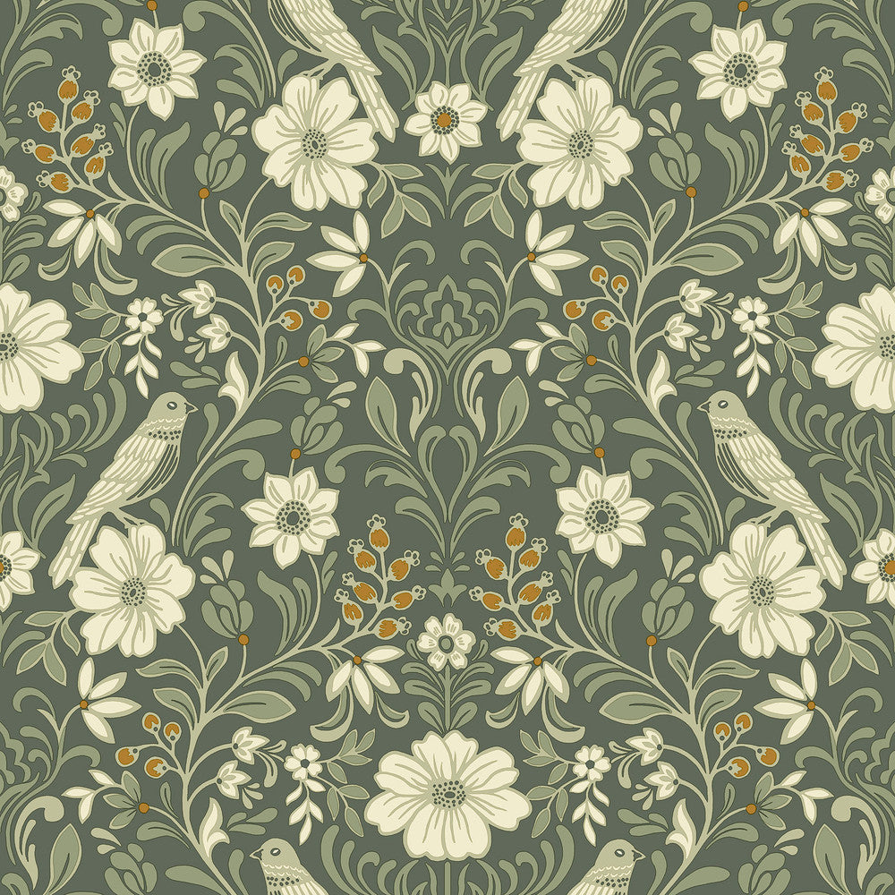 Colette Olive Wallpaper by Magnolia Home Magnolia Home 4 Covers about 56.4 square feet 20.5-in by 33-ft long roll Prepasted 20.5 - Fabric Carolina -
