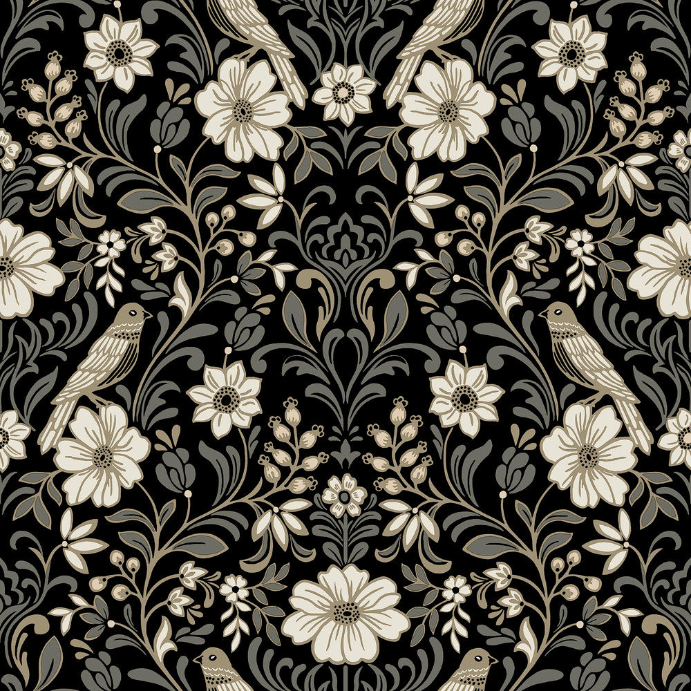 Colette Black Wallpaper by Magnolia Home Magnolia Home 4 Covers about 56.4 square feet 20.5-in by 33-ft long roll Prepasted 20.5 - Fabric Carolina -