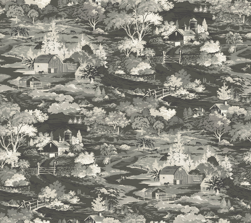 Homestead Black & Grey Wallpaper by Magnolia Home Magnolia Home Covers about 60.8 square feet 27-in by 27-ft long roll Prepasted 24 - Fabric Carolina -