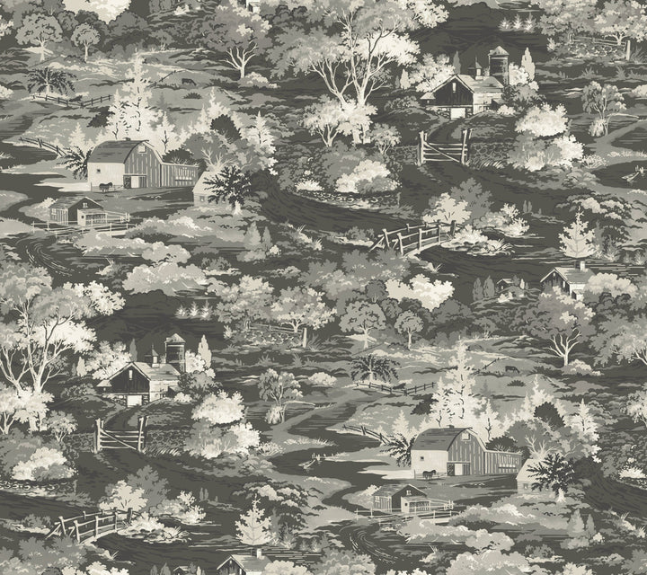 Homestead Black & Grey Wallpaper by Magnolia Home Magnolia Home Covers about 60.8 square feet 27-in by 27-ft long roll Prepasted 24 - Fabric Carolina -