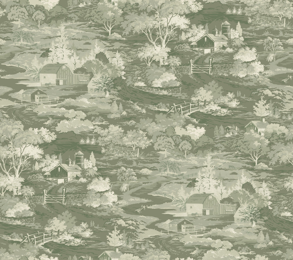 Homestead Green & Off White Wallpaper by Magnolia Home Magnolia Home Covers about 60.8 square feet 27-in by 27-ft long roll Prepasted 24 - Fabric Carolina -