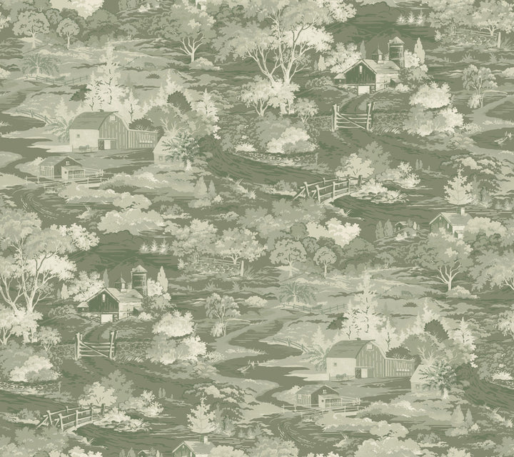 Homestead Green & Off White Wallpaper by Magnolia Home Magnolia Home Covers about 60.8 square feet 27-in by 27-ft long roll Prepasted 24 - Fabric Carolina -