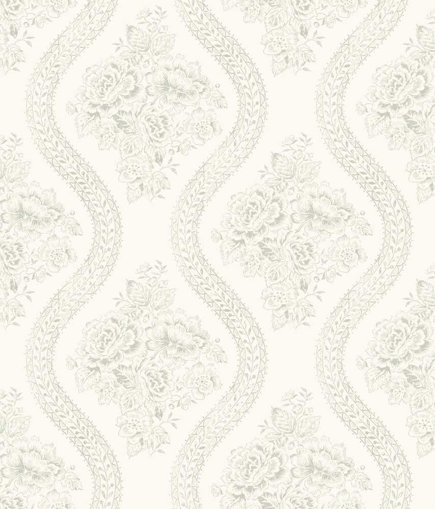 Coverlet Floral Grey & Off White Wallpaper by Magnolia Home Magnolia Home Covers about 56.4 square feet 20.5-in by 33-ft long roll Prepasted 12 - Fabric Carolina -