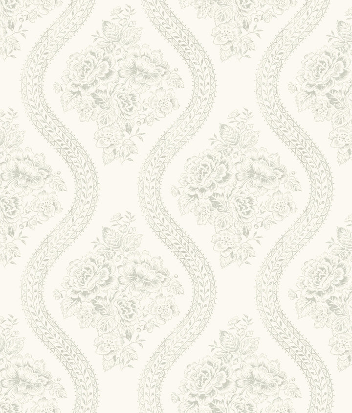 Coverlet Floral Grey & Off White Wallpaper by Magnolia Home Magnolia Home Covers about 56.4 square feet 20.5-in by 33-ft long roll Prepasted 12 - Fabric Carolina -