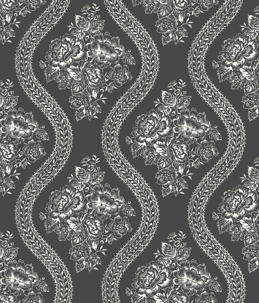 Coverlet Floral White & Black Wallpaper by Magnolia Home Magnolia Home Covers about 56.4 square feet 20.5-in by 33-ft long roll Prepasted 12 - Fabric Carolina -
