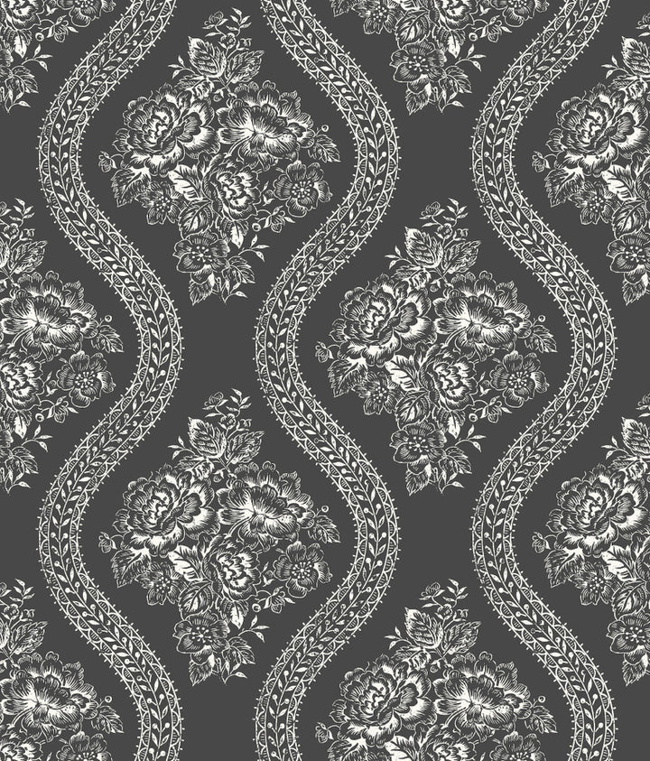 Coverlet Floral White & Black Wallpaper by Magnolia Home Magnolia Home Covers about 56.4 square feet 20.5-in by 33-ft long roll Prepasted 12 - Fabric Carolina -