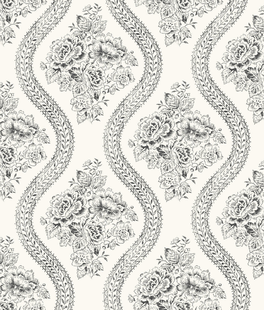 Coverlet Floral Black & Off White Wallpaper by Magnolia Home Magnolia Home Covers about 56.4 square feet 20.5-in by 33-ft long roll Prepasted 12 - Fabric Carolina -