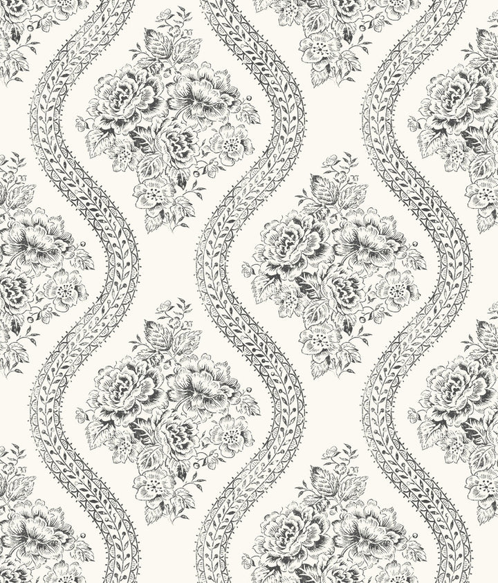 Coverlet Floral Black & Off White Wallpaper by Magnolia Home Magnolia Home Covers about 56.4 square feet 20.5-in by 33-ft long roll Prepasted 12 - Fabric Carolina -